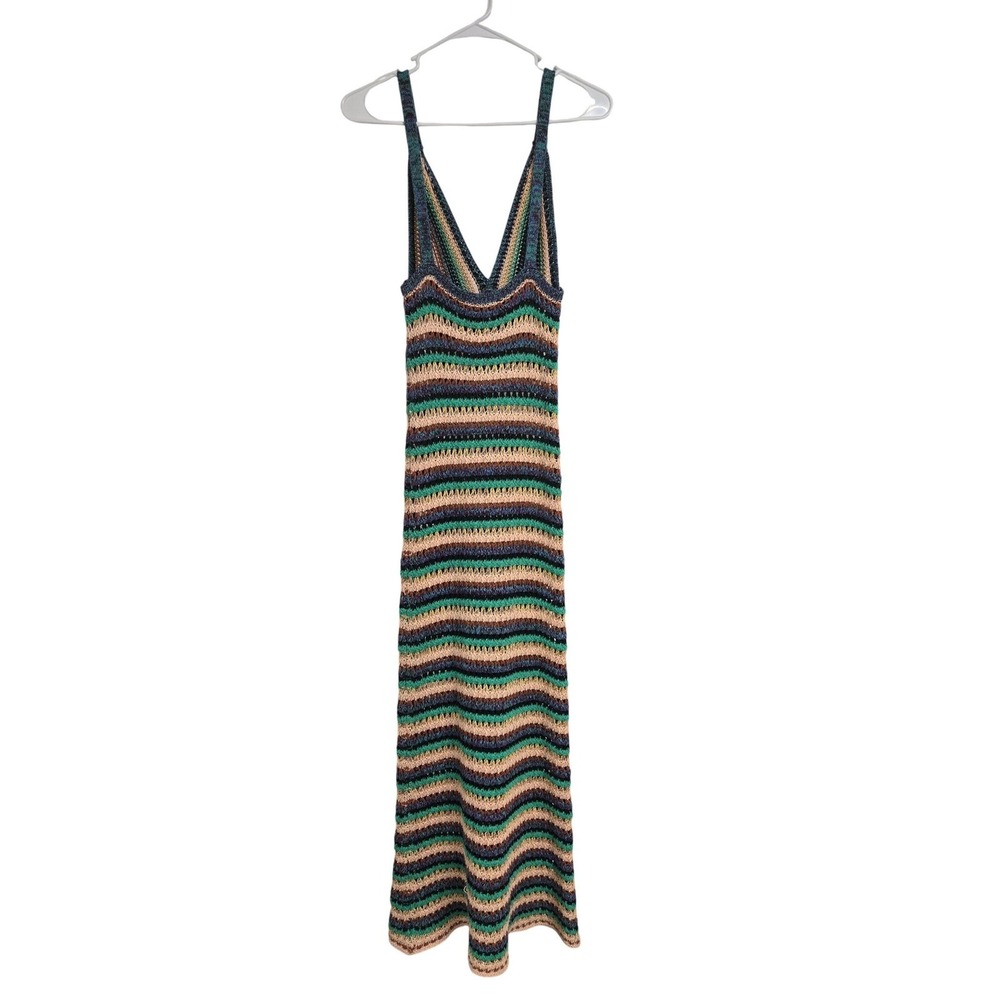 Zara Multi Color Striped Crochet Knit V-Neck Maxi Dress Boho Summer Beach Size S - Picture 7 of 10